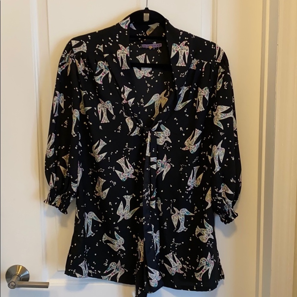 Multicolored bird front tie blouse